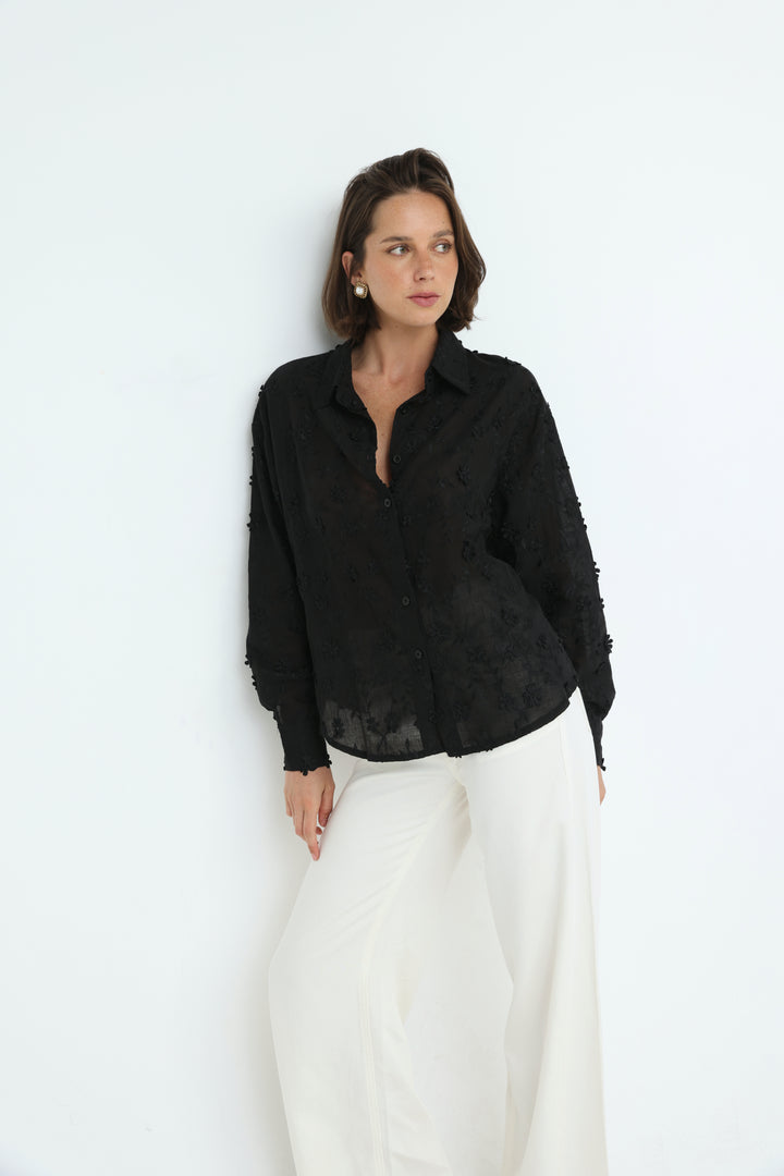 Floral Embroidery Black Buttoned Shirt