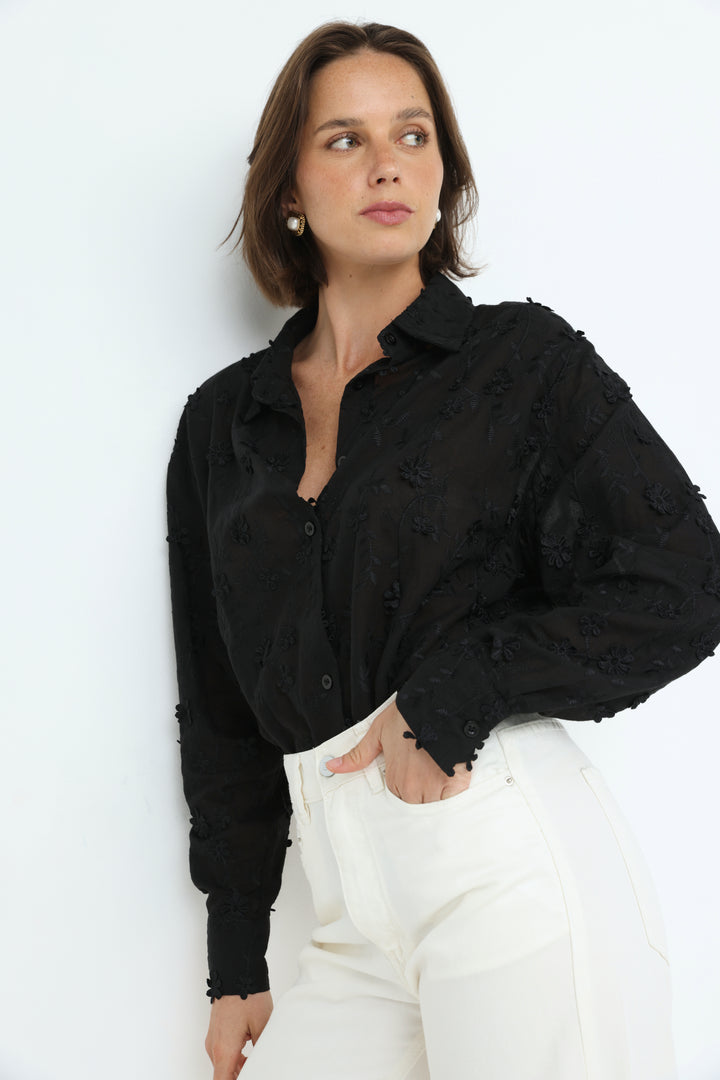 Floral Embroidery Black Buttoned Shirt