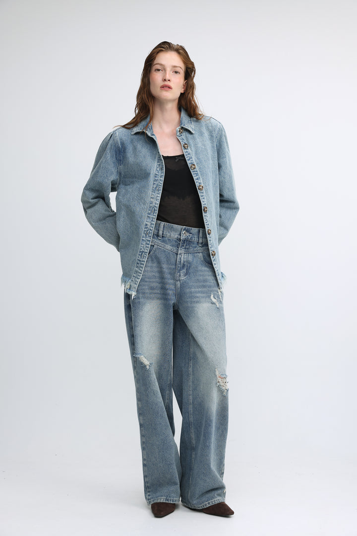 Frayed Hem Blue Denim Jacket