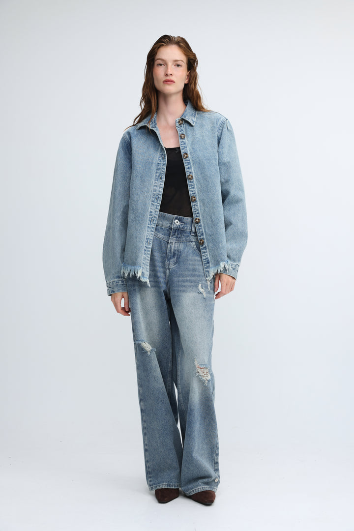Frayed Hem Blue Denim Jacket