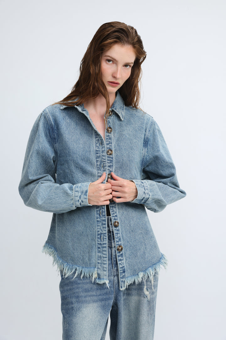 Frayed Hem Blue Denim Jacket