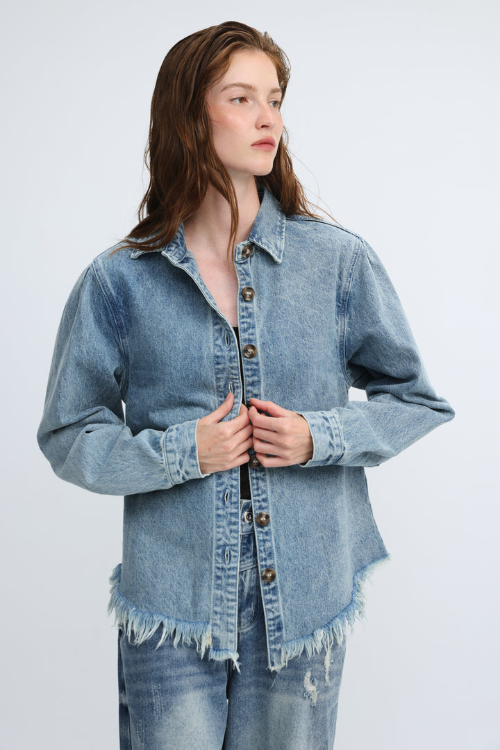 Frayed Hem Blue Denim Jacket