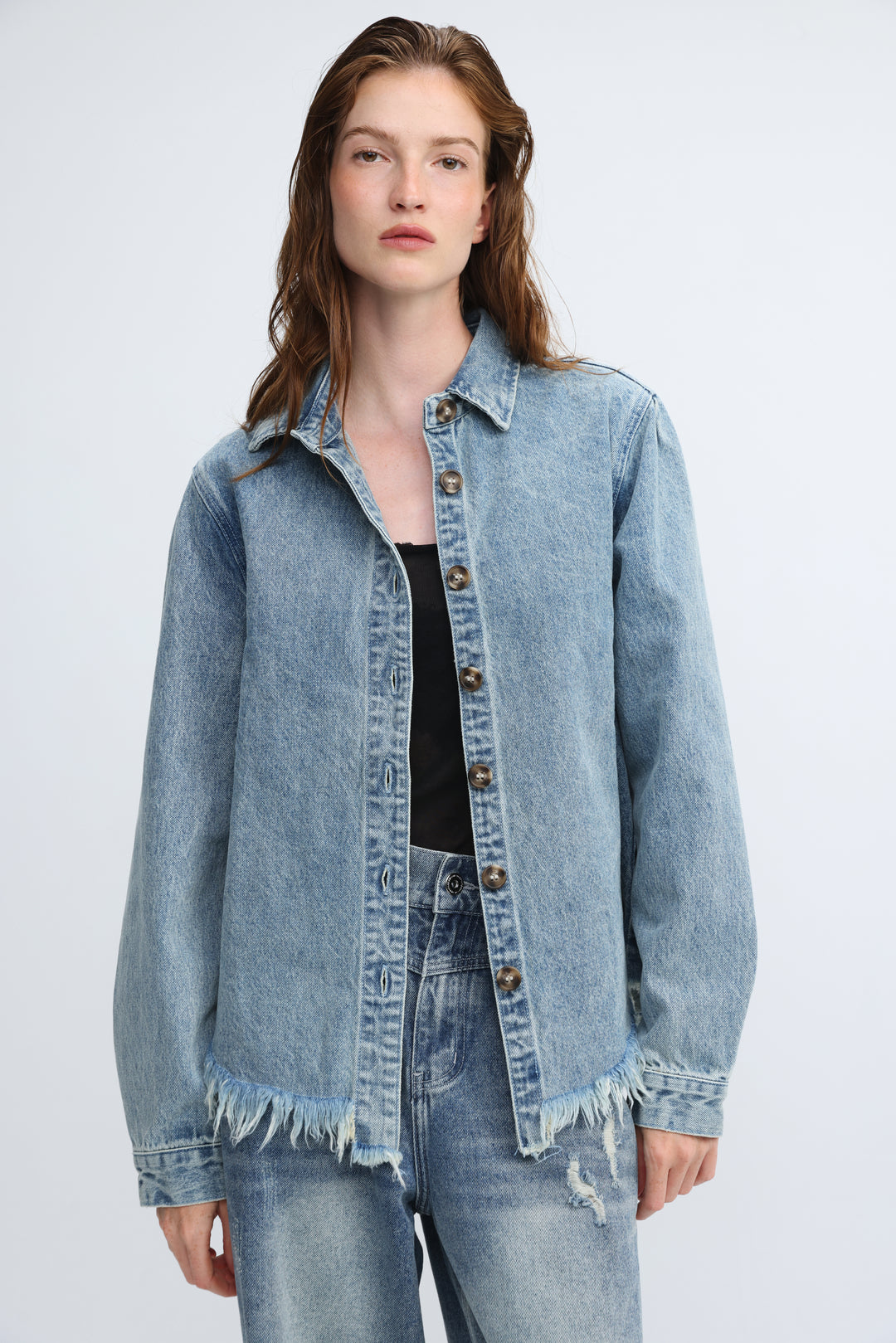 Frayed Hem Blue Denim Jacket