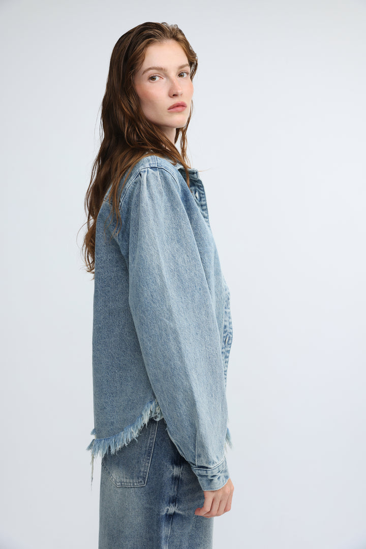 Frayed Hem Blue Denim Jacket