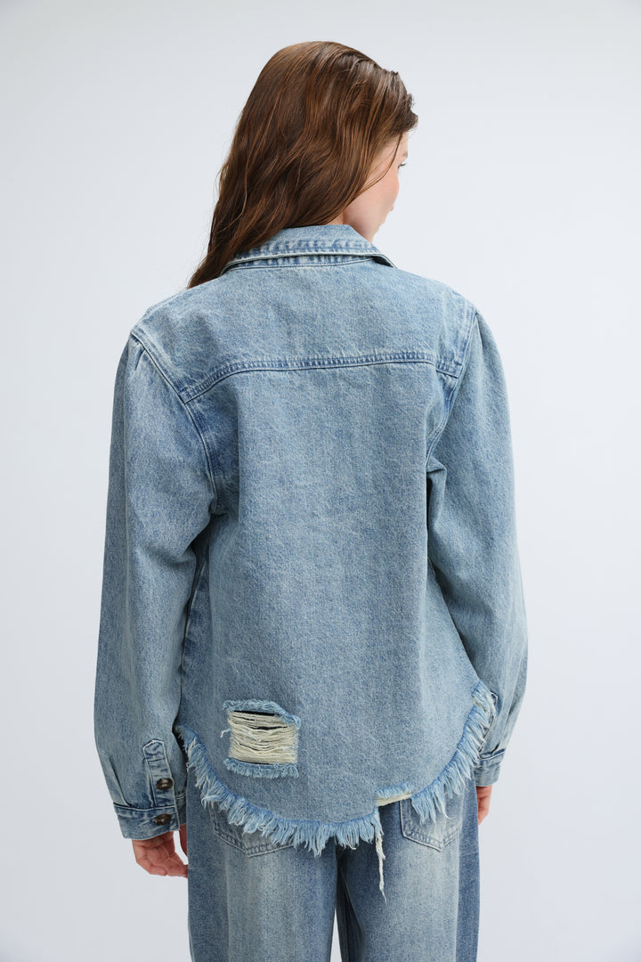 Frayed Hem Blue Denim Jacket