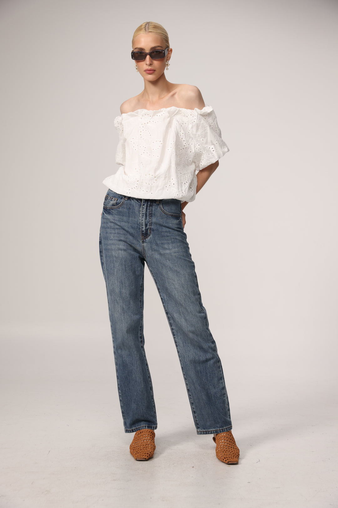 Eyelet Short White Off Shoulder Blouse