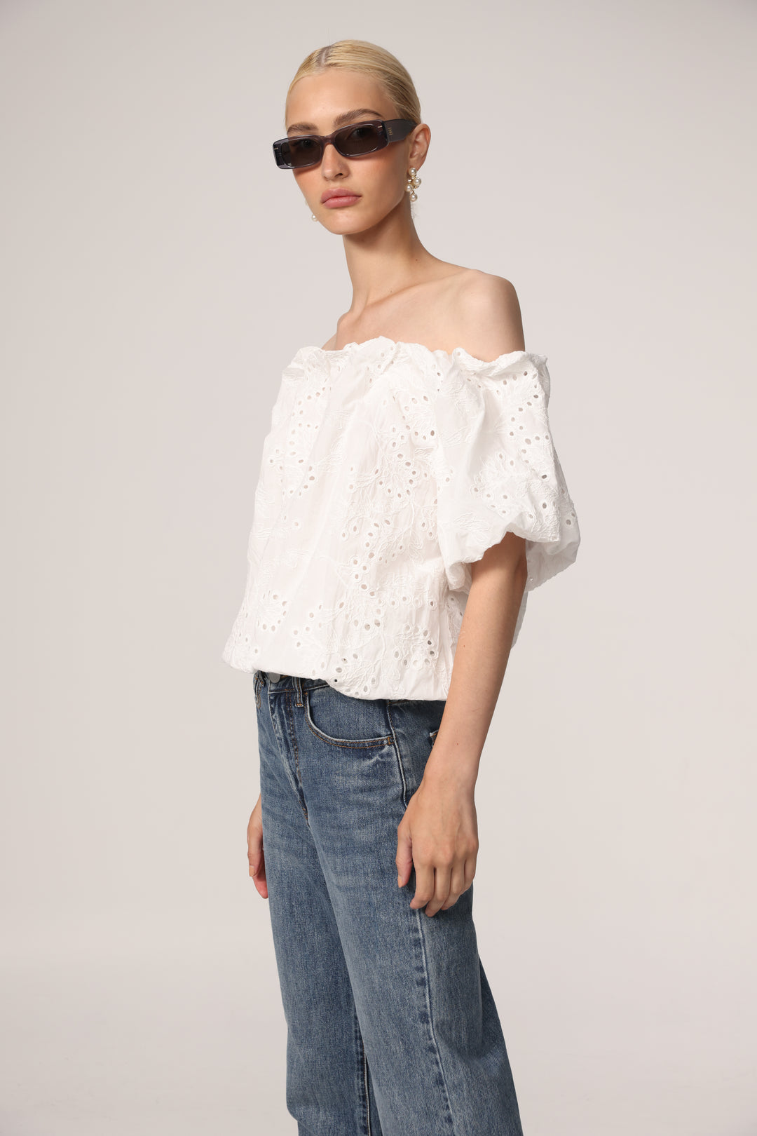 Eyelet Short White Off Shoulder Blouse