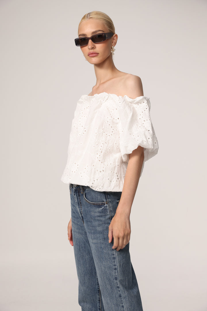 Eyelet Short White Off Shoulder Blouse