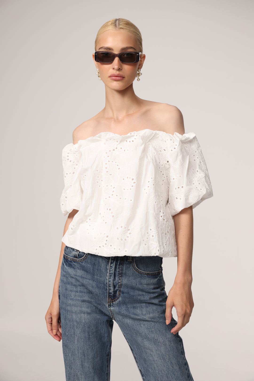 Eyelet Short White Off Shoulder Blouse