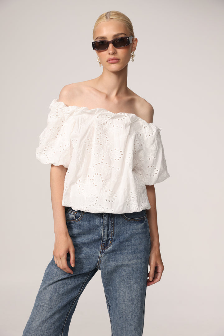 Eyelet Short White Off Shoulder Blouse