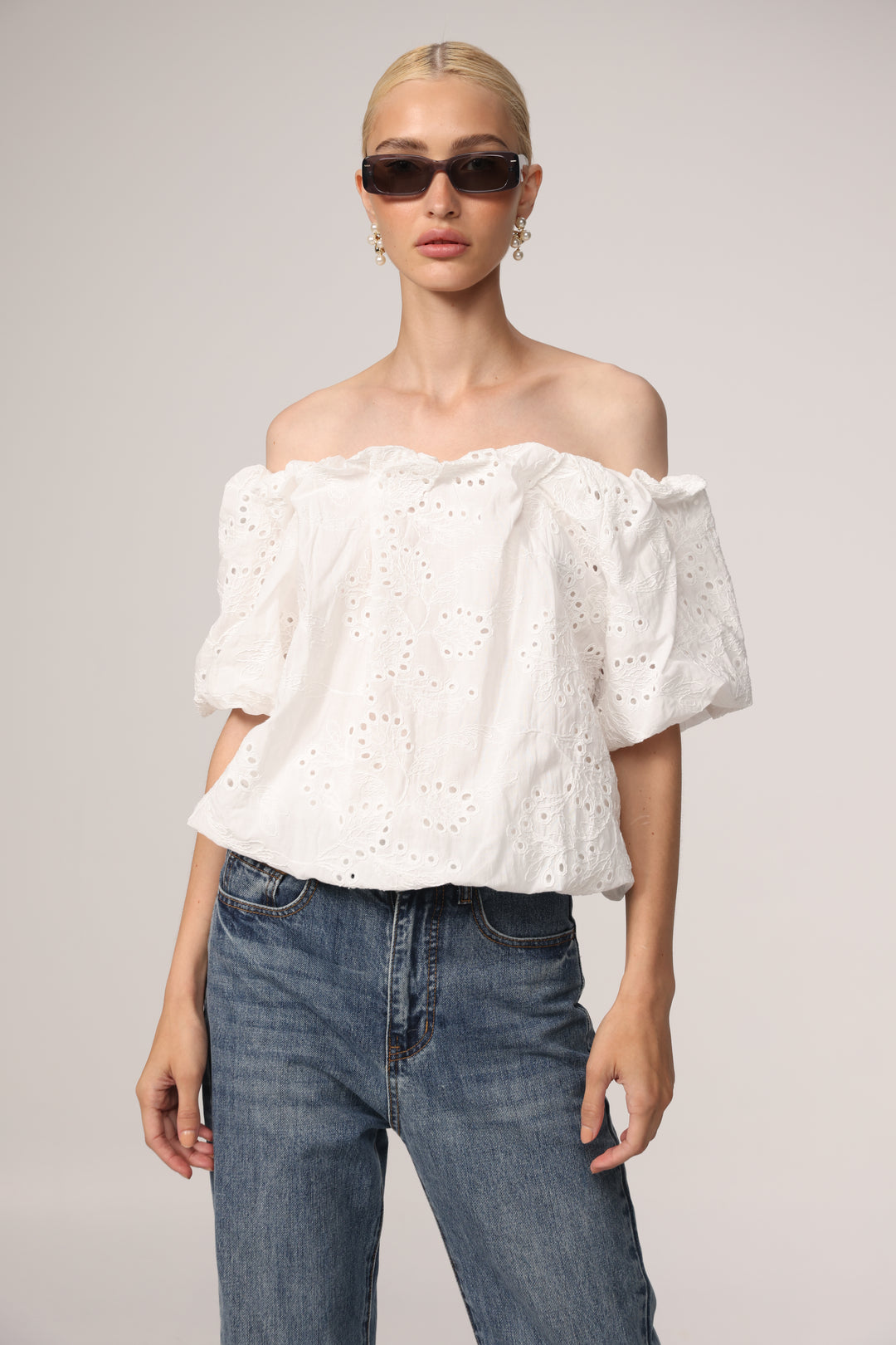 Eyelet Short White Off Shoulder Blouse
