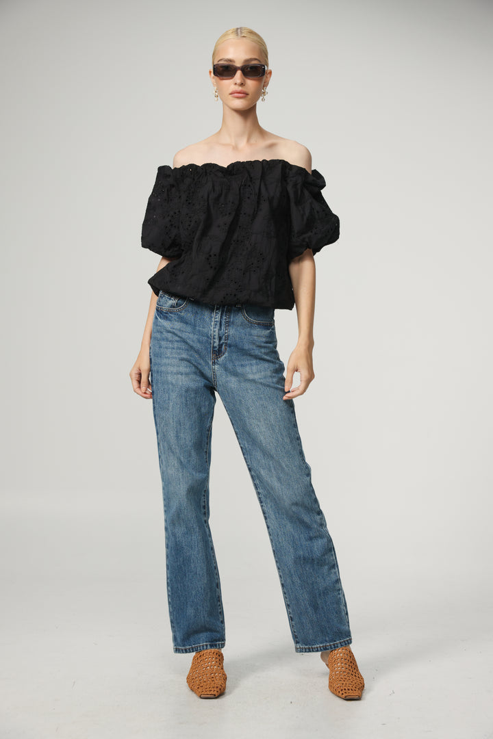 Eyelet Short Black Off Shoulder Blouse