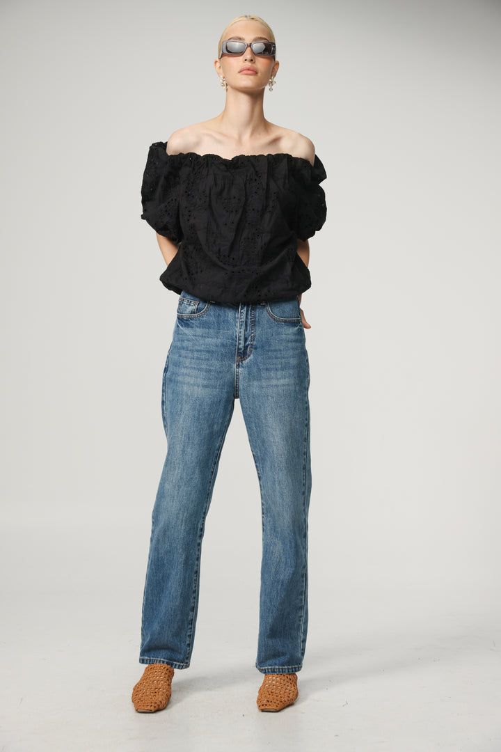 Eyelet Short Black Off Shoulder Blouse
