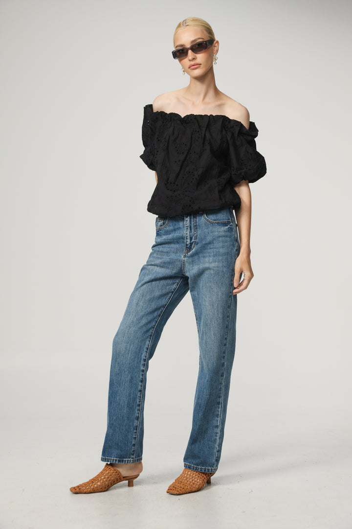 Eyelet Short Black Off Shoulder Blouse