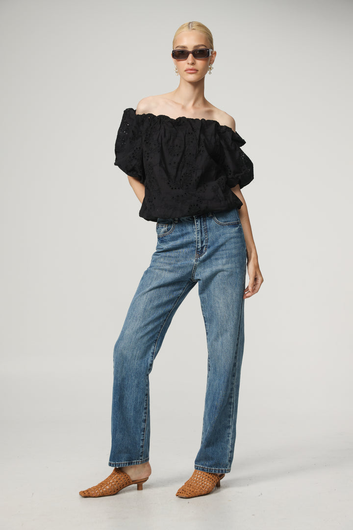 Eyelet Short Black Off Shoulder Blouse