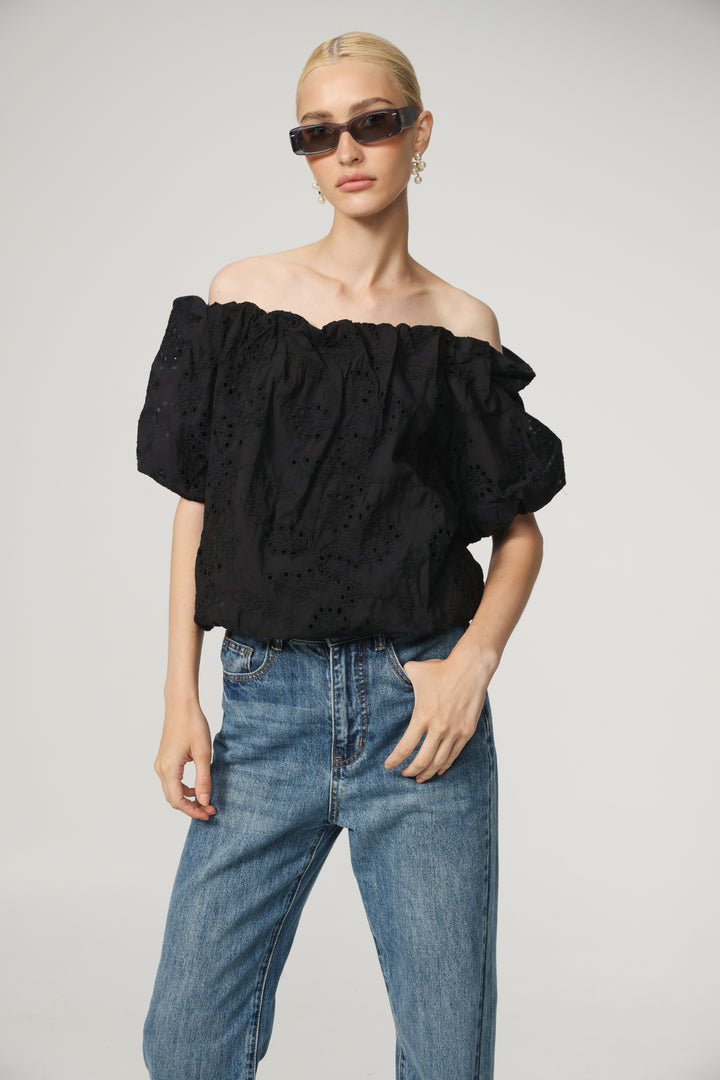 Eyelet Short Black Off Shoulder Blouse