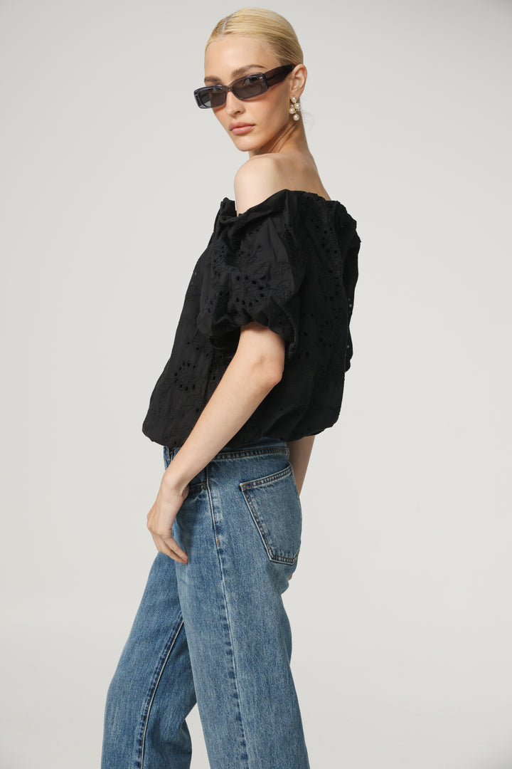 Eyelet Short Black Off Shoulder Blouse
