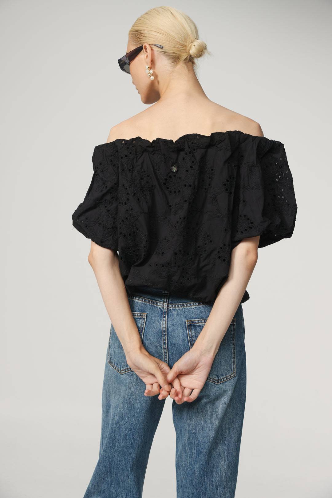 Eyelet Short Black Off Shoulder Blouse