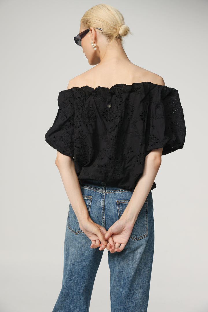 Eyelet Short Black Off Shoulder Blouse