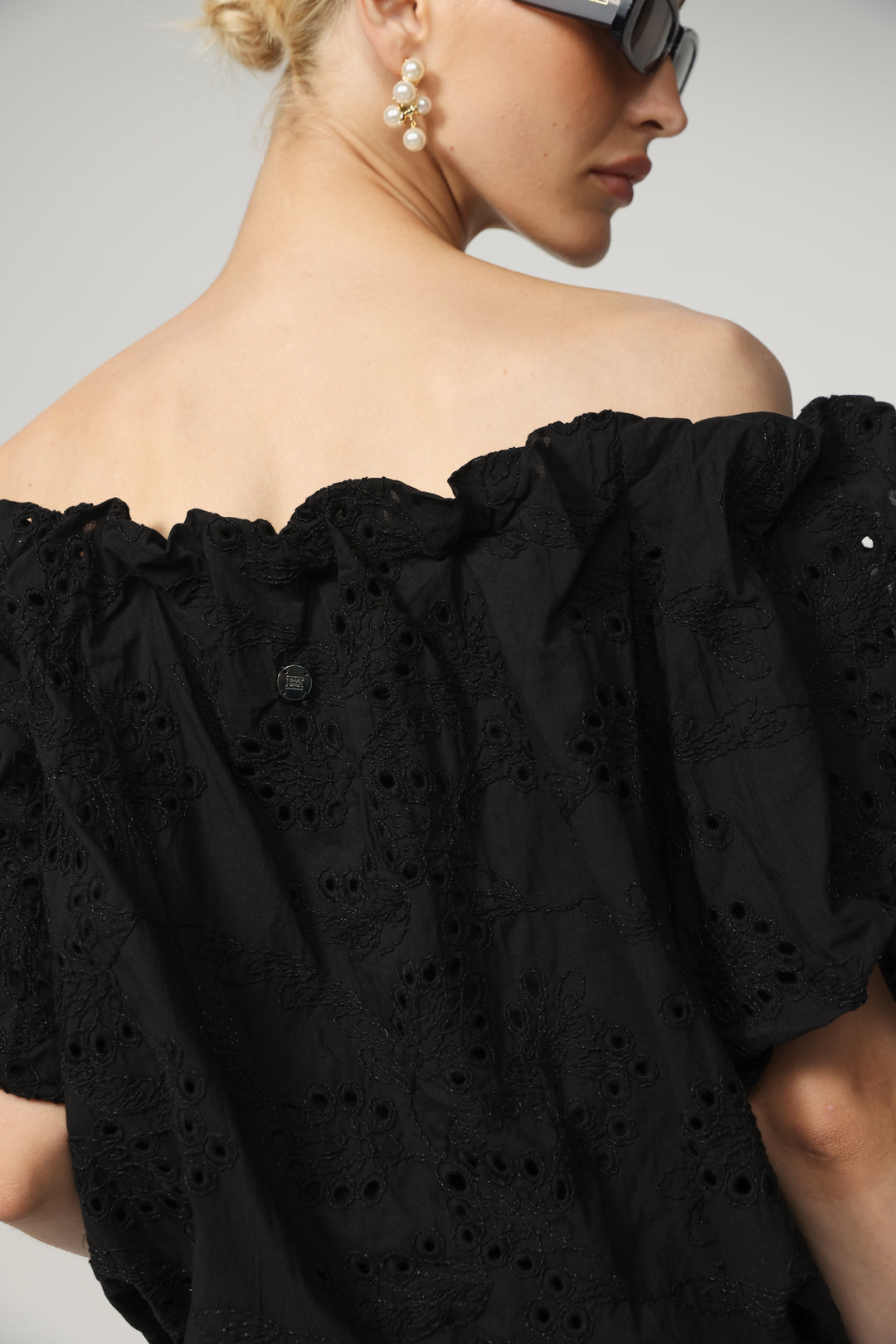 Eyelet Short Black Off Shoulder Blouse
