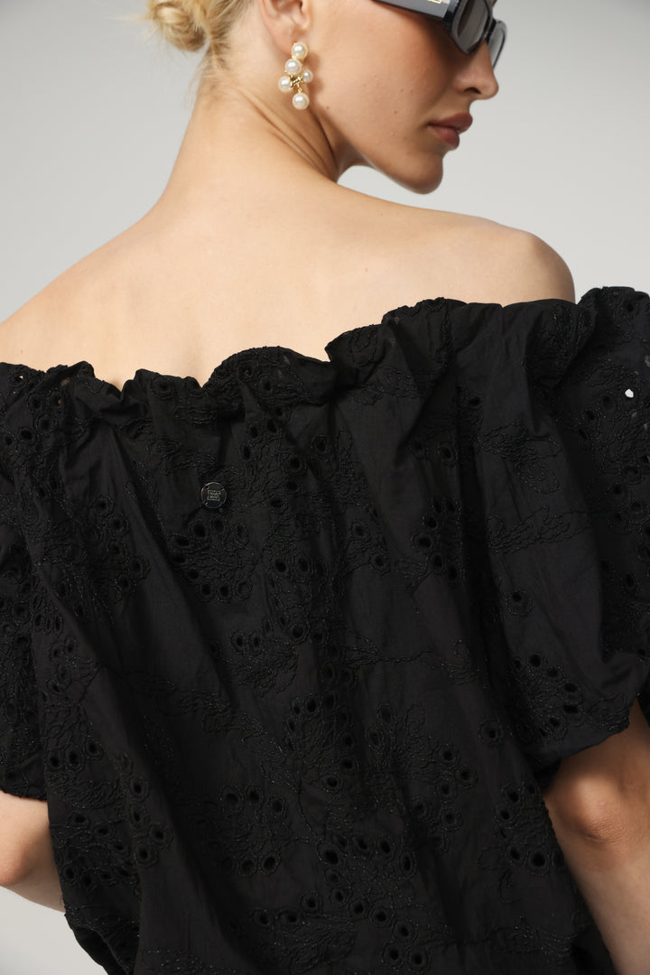 Eyelet Short Black Off Shoulder Blouse
