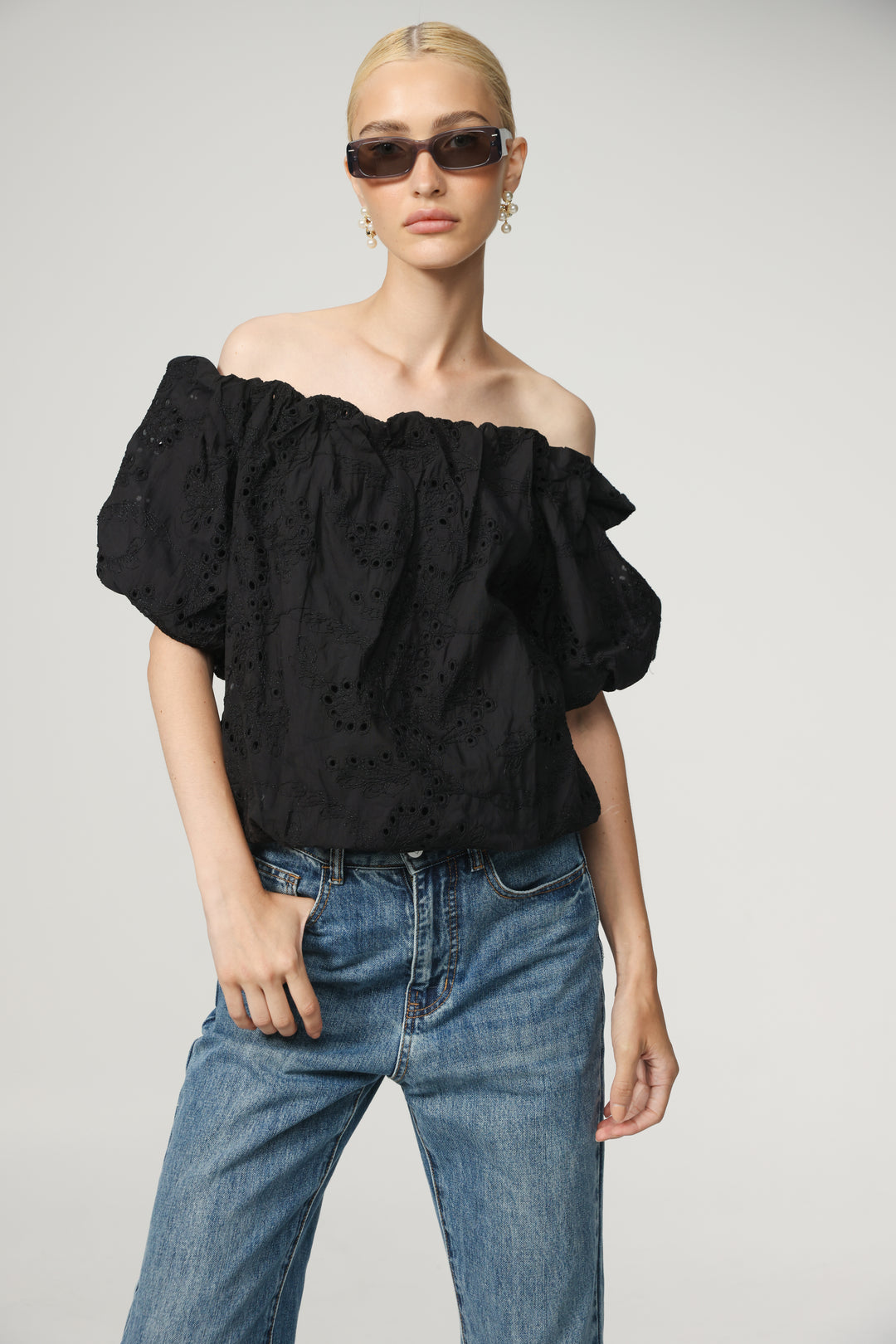 Eyelet Short Black Off Shoulder Blouse