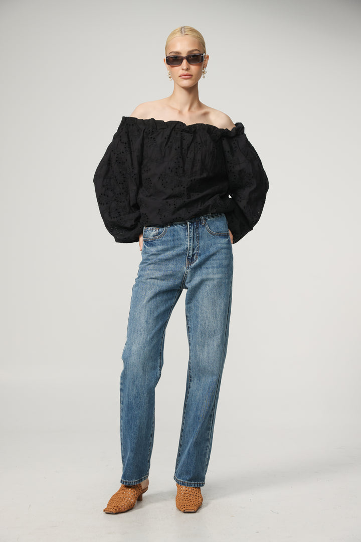 Eyelet Black Off Shoulder Blouse