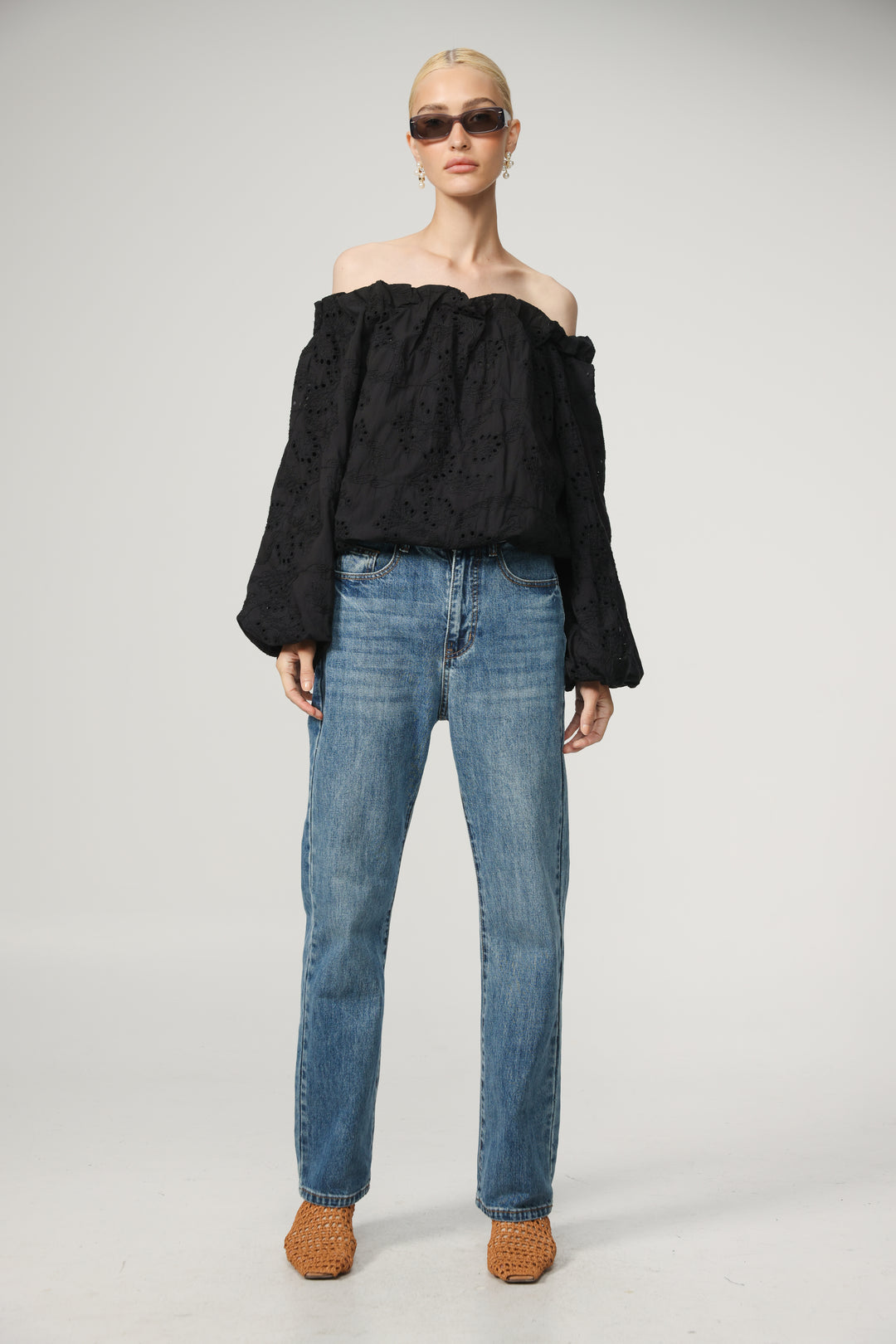 Eyelet Black Off Shoulder Blouse