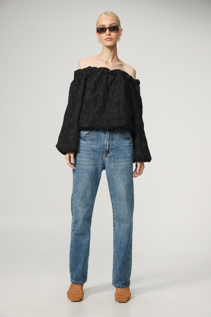 Eyelet Black Off Shoulder Blouse