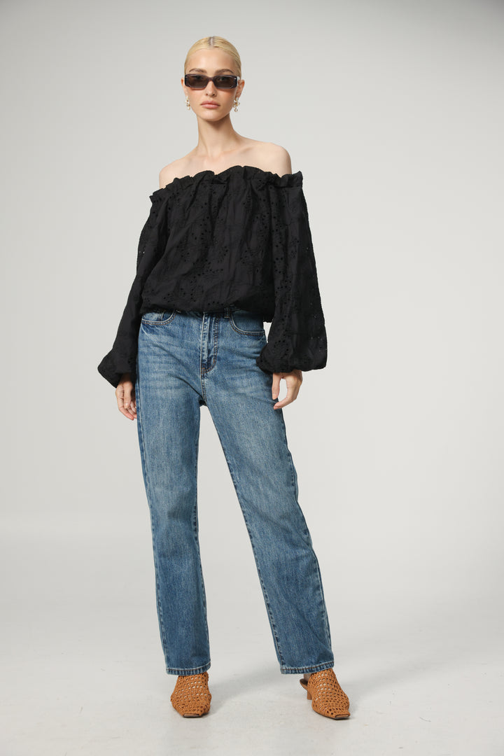 Eyelet Black Off Shoulder Blouse