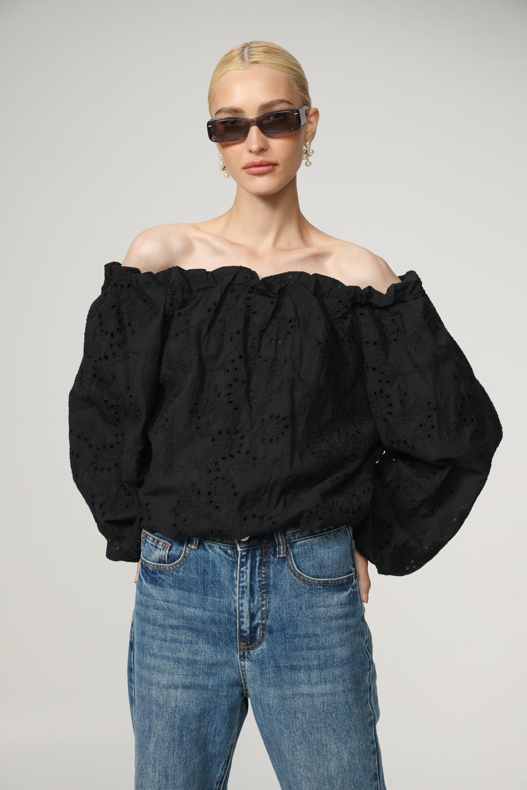Eyelet Black Off Shoulder Blouse