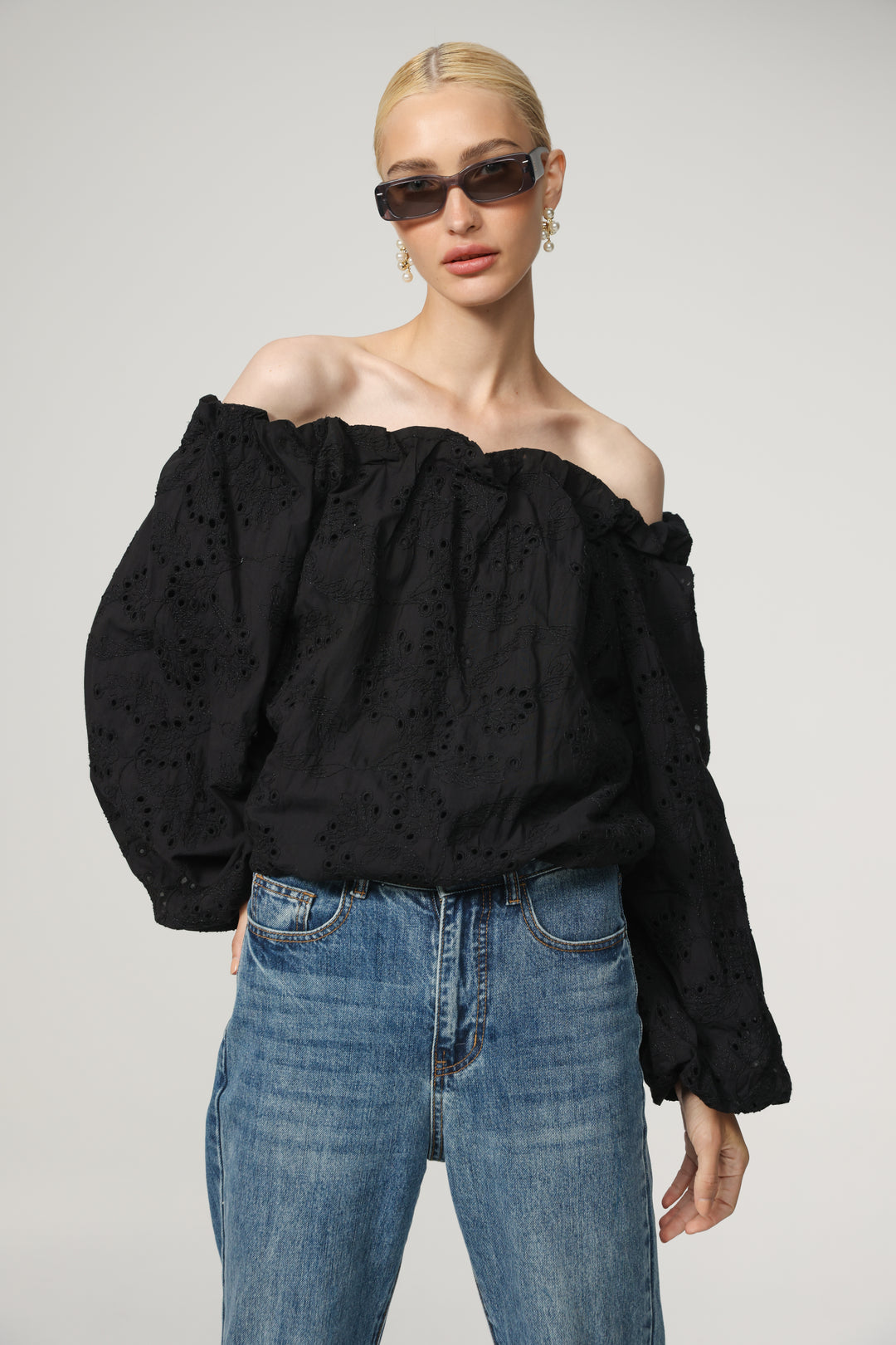 Eyelet Black Off Shoulder Blouse