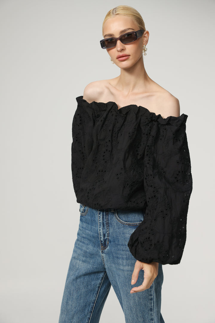 Eyelet Black Off Shoulder Blouse
