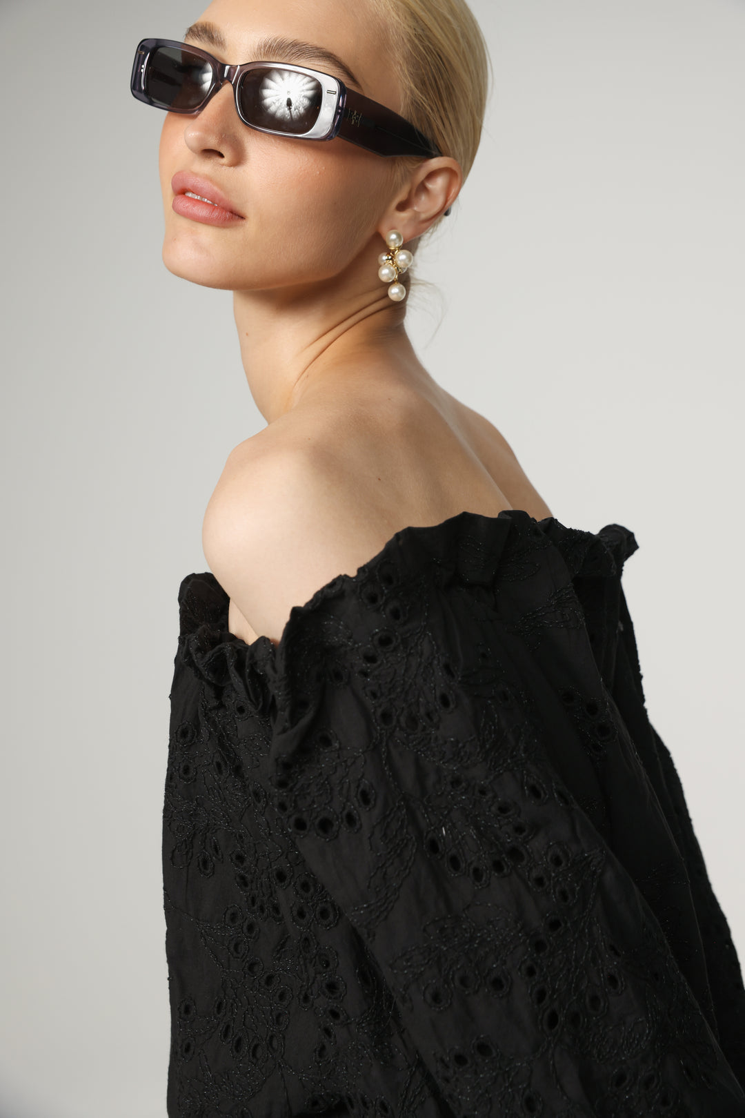Eyelet Black Off Shoulder Blouse