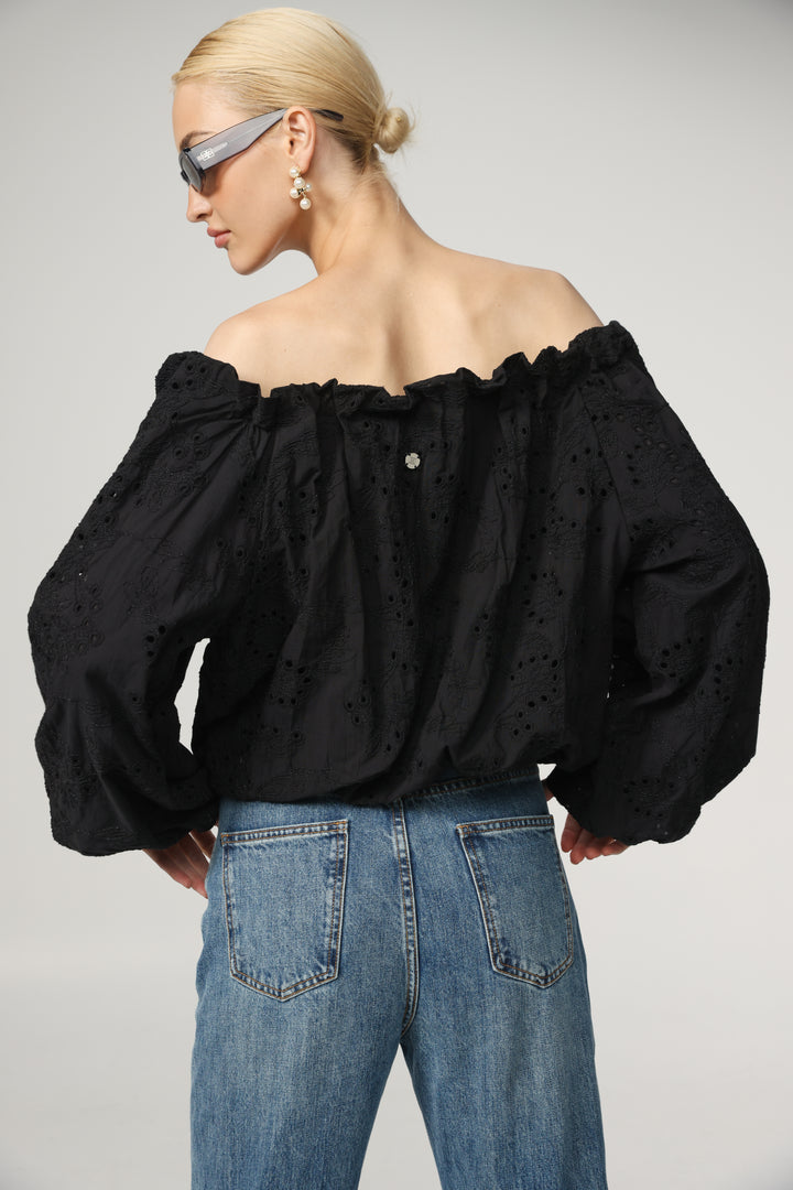 Eyelet Black Off Shoulder Blouse