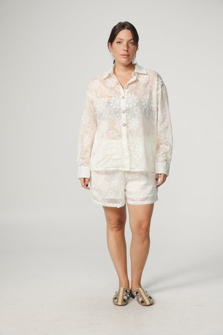 Cream Floral Embroidered Shorts