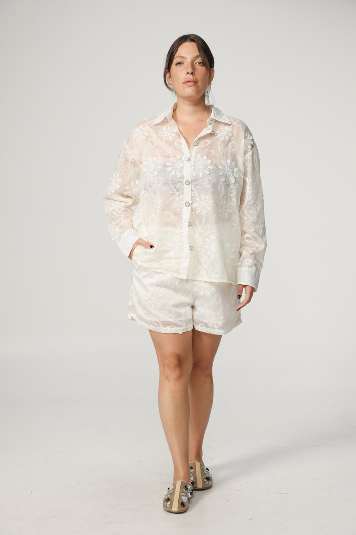 Cream Floral Embroidered Shorts