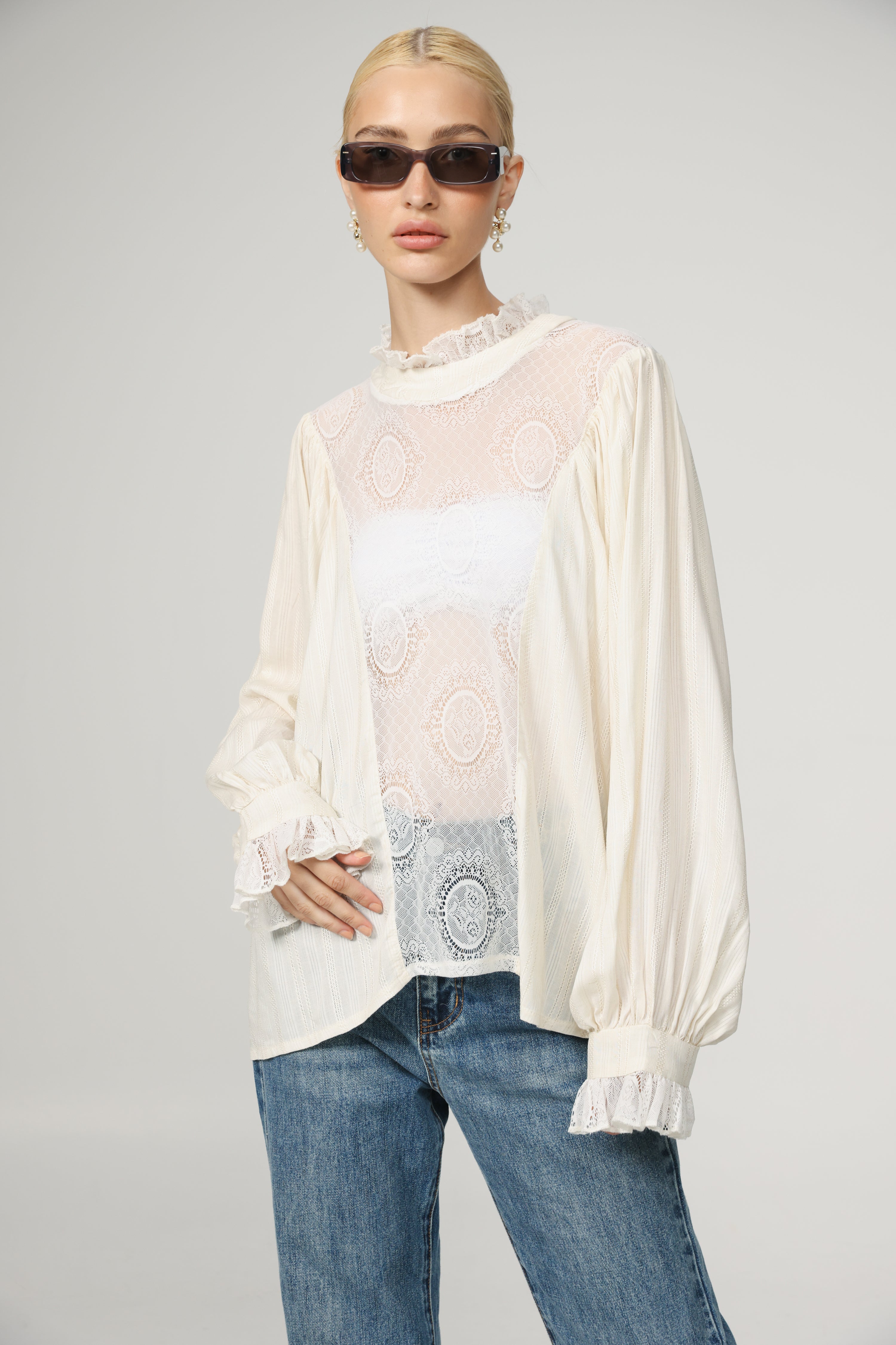 K♢041 stylist Cream Lace Panel Blouse – SEESTARZ