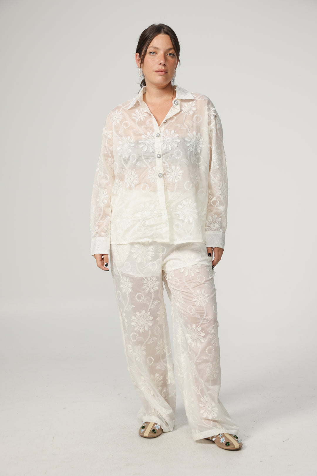 Cream Floral Embroidered Bottoms