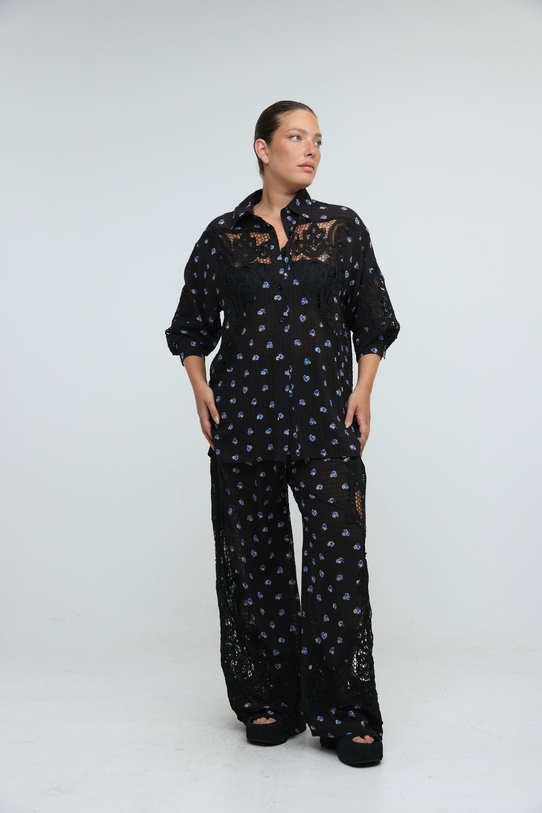 Black Floral Lace Panel Shirt