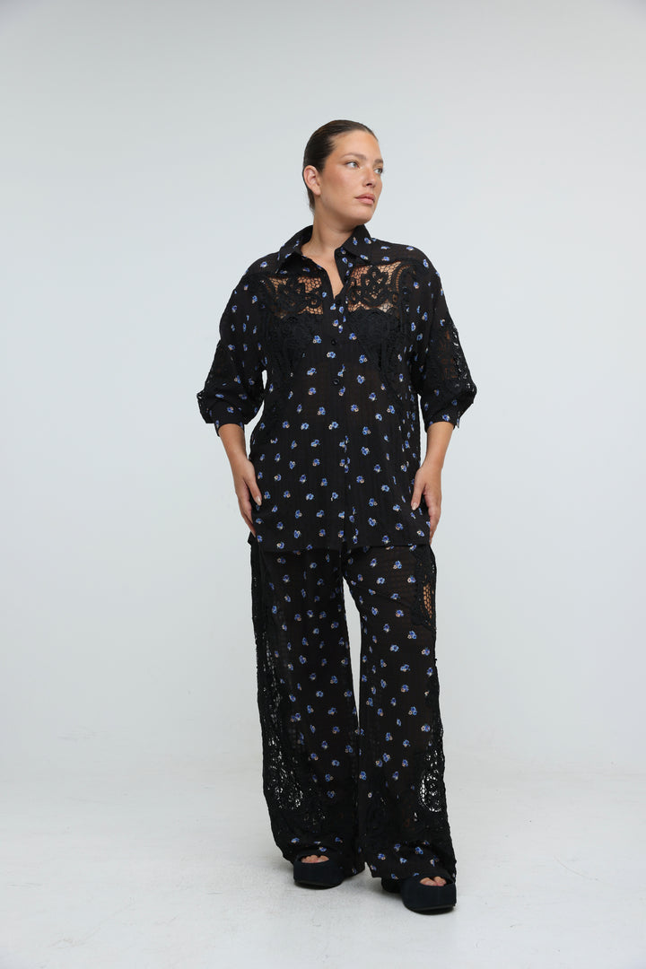 Black Floral Lace Panel Shirt