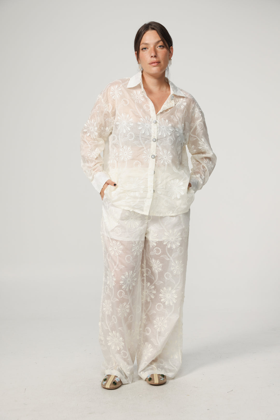 Cream Floral Embroidered Bottoms