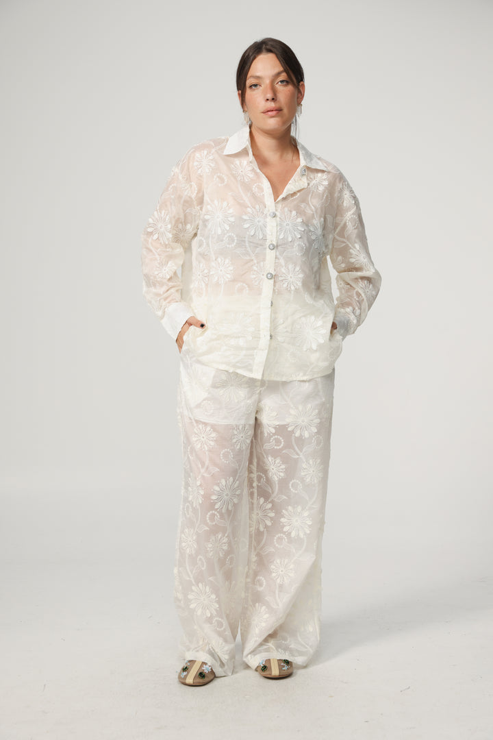 Cream Floral Embroidered Bottoms