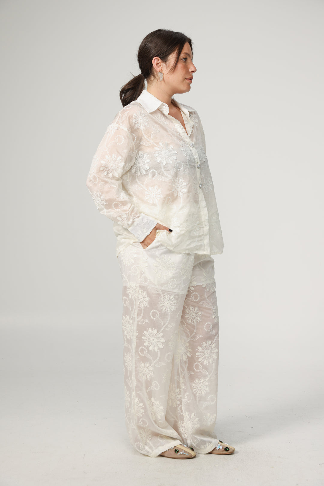 Cream Floral Embroidered Bottoms