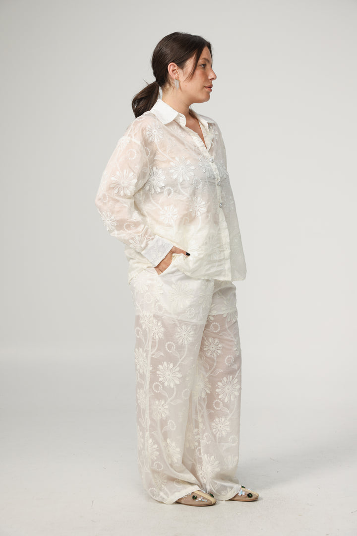 Cream Floral Embroidered Bottoms