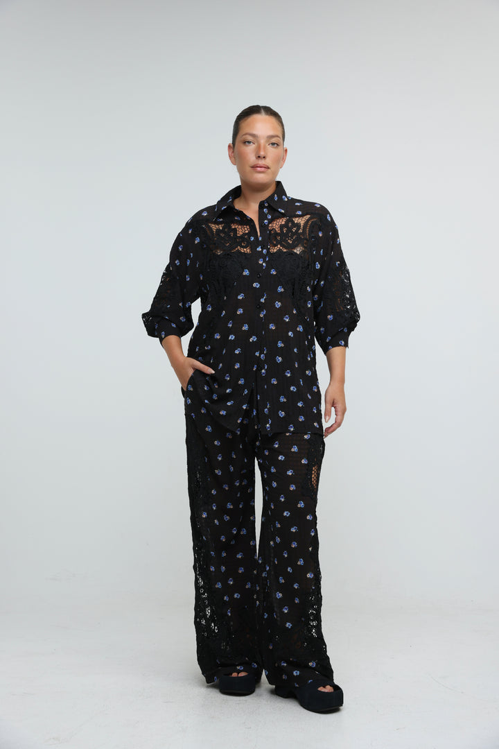 Black Floral Lace Panel Shirt