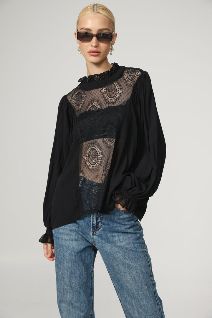 Black Lace Panel Blouse