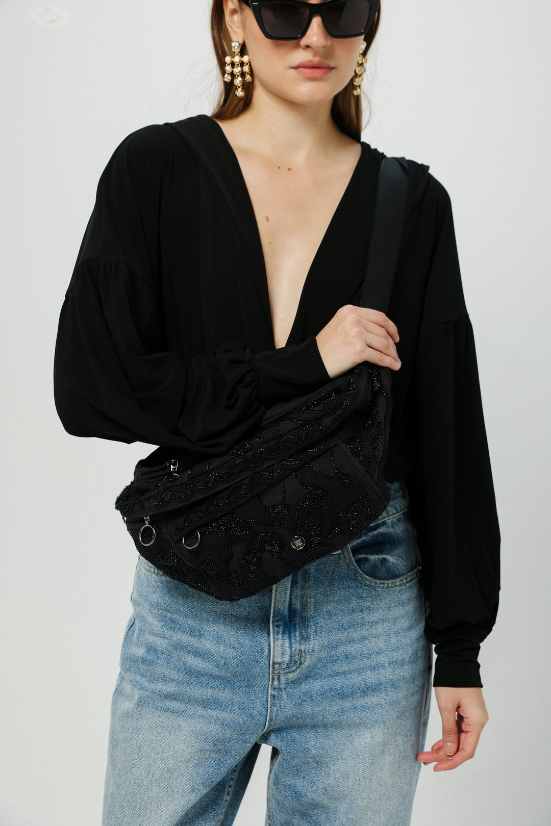 EE Black Beaded Belt Bag