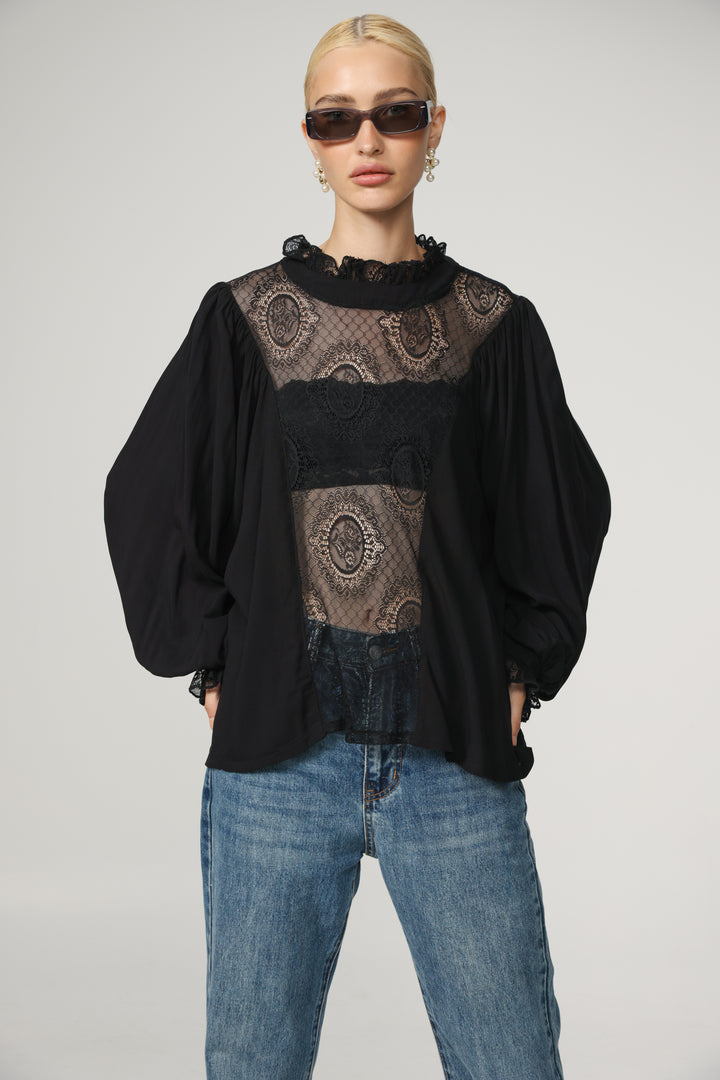 Black Lace Panel Blouse