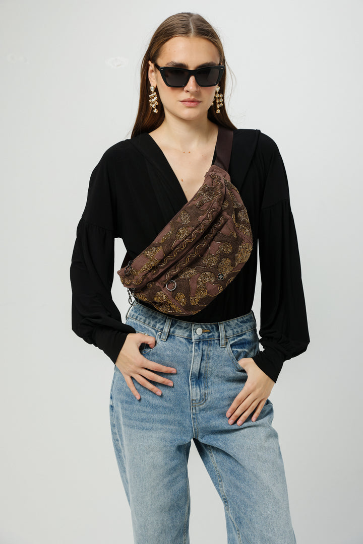 EE Brown Beaded Belt Bag